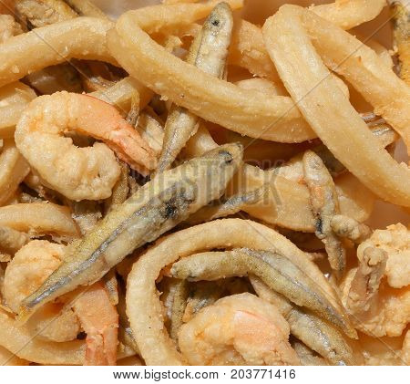 Frying Fish With Shrimp And Squid In The Restaurant