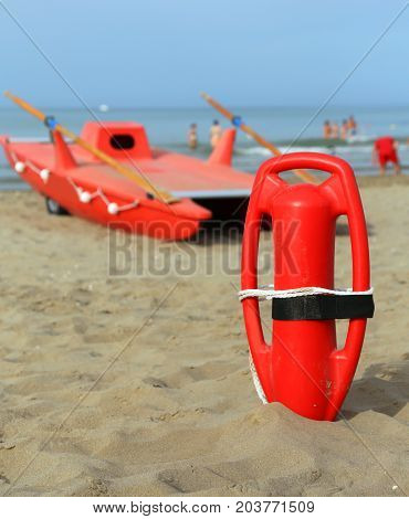 Lifebuoy Lifter And Lifeboat On The Beach