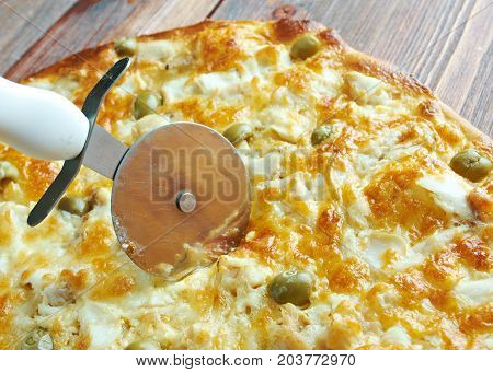homemade pizza with rockfish .C , close up