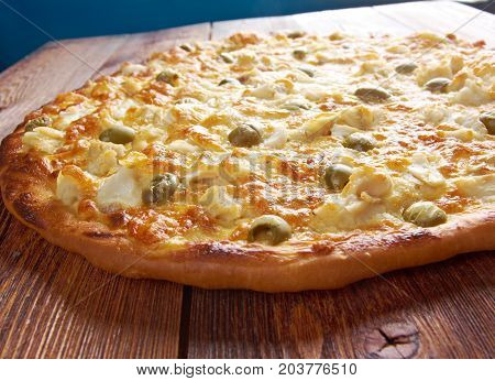 homemade pizza with rockfish ., close up meal