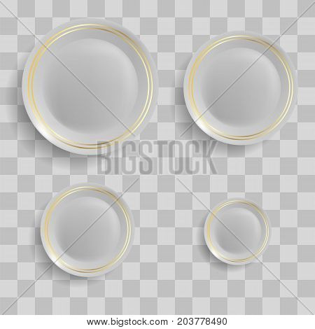 Set of Ceramic Plates Isolated on Grey Checkered Background. Top View