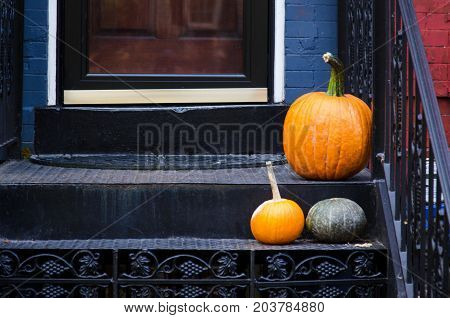 Thanksgiving Pumpkin Decoration On The Staircase