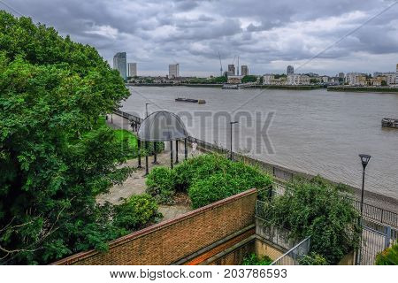 London UK - August 20 2017: View of the Mc Dougal Park on the Isle of Dogs. Ariel view looking accross the River Thames.