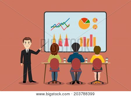 On the image presented A group of people in the office. Economic seminar .Speaking to the audience flat style.