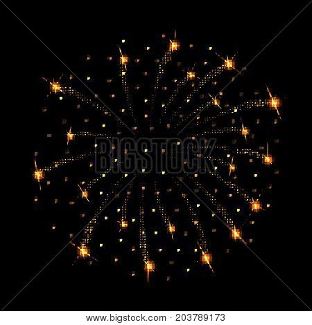 Vector gold fireworks on black backrgound. Night firework isolated.  Carnival flash firecracker light effect.