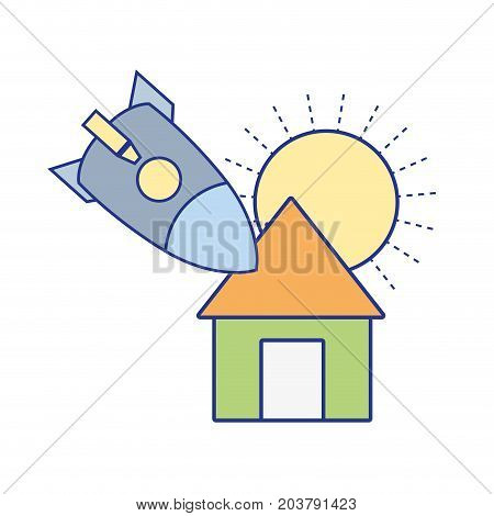 sun and rocket crashed with the roof house vector illustration