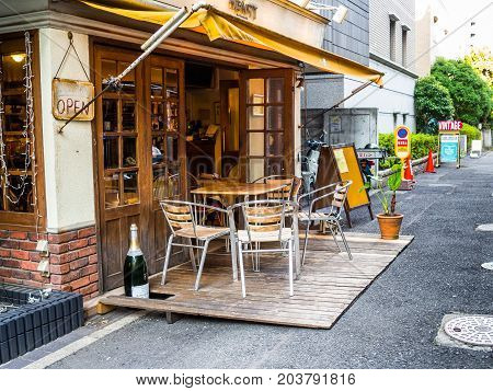TOKYO, JAPAN JUNE 28 - 2017: Outdoor view of a restaurant at Komachi-dori Street, in Kamakura in Tokyo Japan.