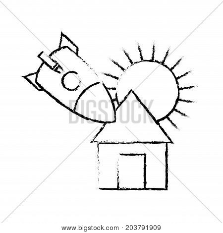 figure sun and rocket crashed with the roof house vector illustration