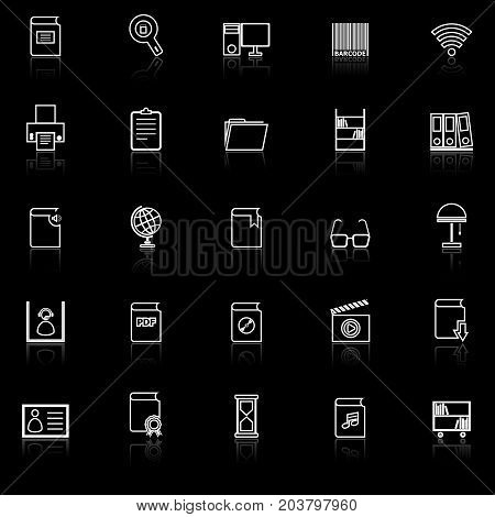 Library line icons with reflect on black background, stock vector