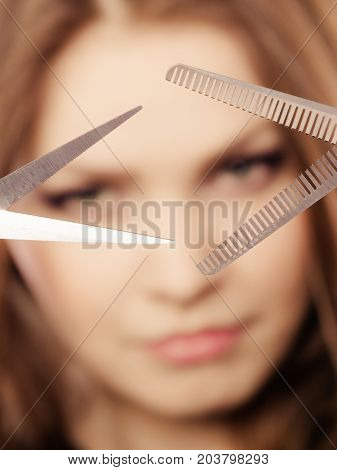 Elegance and classy. Fashion style of hairdo. Female professionalist with scissors. Elegant woman presents her hairdresser's saloon.