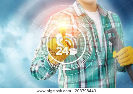 Technician Clicks On The Icon Of A Centre For Receiving Calls.