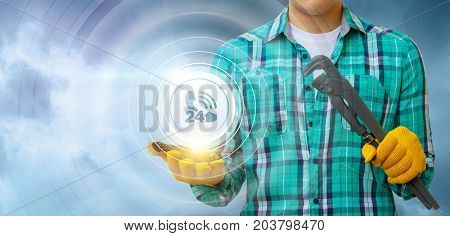Mechanic Shows The Icon Of Customer Service.