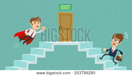 Super businessman in red cape flying pass another businessman climbing stairs. Business competition concept.