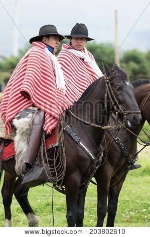June 3 2017 Machachi Ecuador: cowboys from the Andes called 'chagra' on horseback in traditional dress