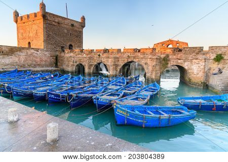 Fortress And Blue Fishing Boats In Essaouira. Morocco