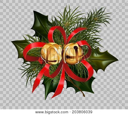 Christmas decoration design template of holly leaf and fir tree wreath in golden ball bells and red ribbon bow on transparent background. Vector isolated decorative element for Christmas greeting card