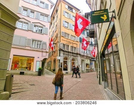 Zurich, Switzerland - May 02, 2017: The city center of Zurich, Switzerland. People on the background at Zurich, Switzerland on May 02, 2017