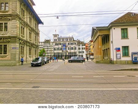 Zurich, Switzerland - May 02, 2017: The city center of Zurich, Switzerland. People on the background at Zurich, Switzerland on May 02, 2017