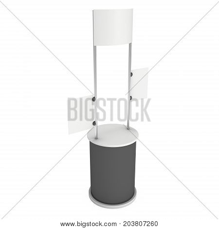 Stall or Kiosk Modern Promostand Reception Desk. Trade show booth white and blank. 3d render illustration isolated on white background. Template mockup for your expo design.