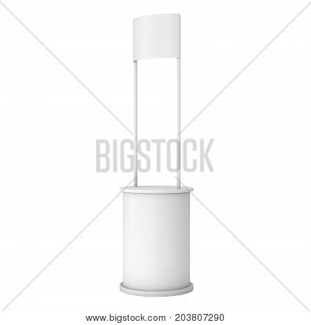 Stall or Kiosk Modern Promostand Reception Desk. Trade show booth white and blank. 3d render illustration isolated on white background. Template mockup for your expo design.