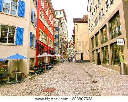 Zurich, Switzerland - May 02, 2017: The city center of Zurich, Switzerland. People on the background at Zurich, Switzerland on May 02, 2017