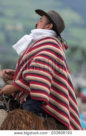 June 3 2017 Machachi Ecuador: cowboy on horse back in traditional wear in the Andes region