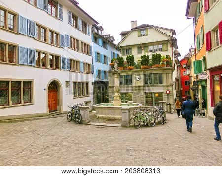 Zurich, Switzerland - May 02, 2017: The city center of Zurich, Switzerland. People on the background at Zurich, Switzerland on May 02, 2017