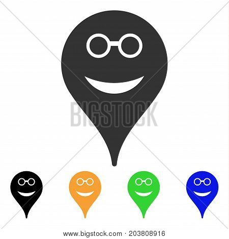 Spectacles Smiley Map Marker icon. Vector illustration style is a flat iconic spectacles smiley map marker symbol with black, grey, green, blue, yellow color versions.