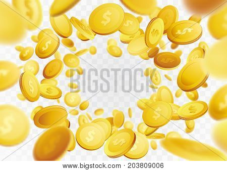 Golden realistic fortune coin falling frame background. Cash winning prize money swirl isolated over transparent background. Vector illustration