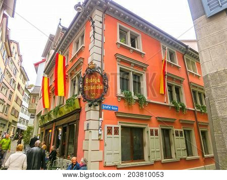 Zurich, Switzerland - May 02, 2017: The city center of Zurich, Switzerland. People on the background at Zurich, Switzerland on May 02, 2017
