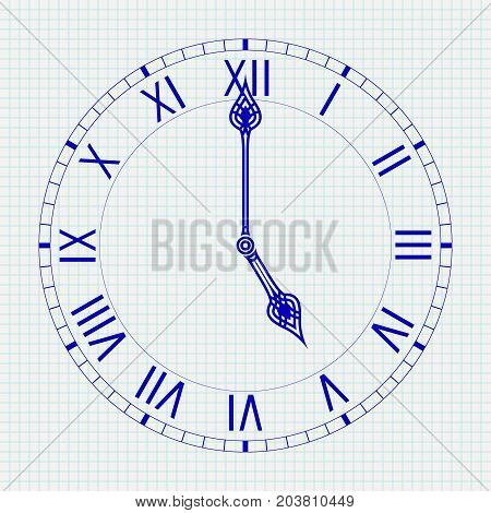 Round clock with roman numerals. Five o'clock. Vector illustration on notebook sheet background