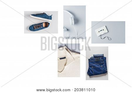Fashionable men's clothing. Jeans and accessories. Collage on grey background