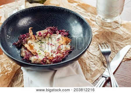 Bowl Of Oatmeal Porridge On Wood Background
