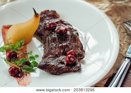 Grilled Ribeye Beef Steak, Herbs And Spices. Top View