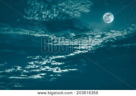 Night Sky With Bright Full Moon And Dark Cloud, Serenity Nature Background.