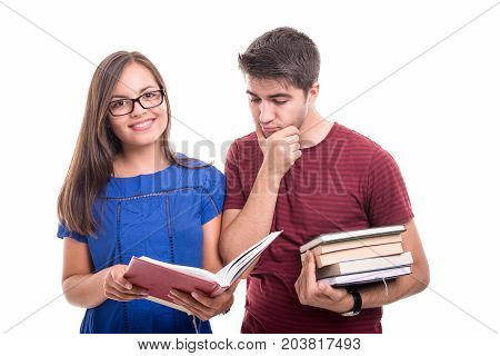 Young Student Couple Studying Together Reading Books