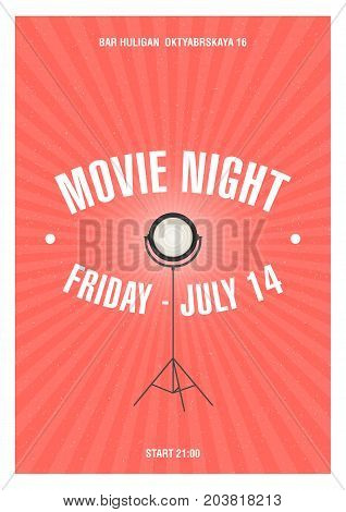 Bright colored poster or invitation template for movie night or film festival with glowing spotlight standing on tripod drawn in retro style. Vector illustration for cinema event announcement