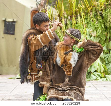 KAMCHATKA RUSSIA - SEPTEMBER 09 2017: Aborigine of Kamchatka dancing on dance marathon. Feast of the Aborigines of Kamchatka 