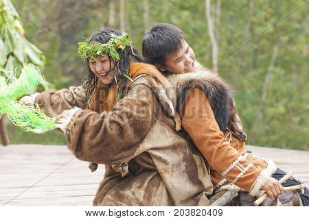 KAMCHATKA RUSSIA - SEPTEMBER 09 2017: Aborigine of Kamchatka dancing on dance marathon. Feast of the Aborigines of Kamchatka 
