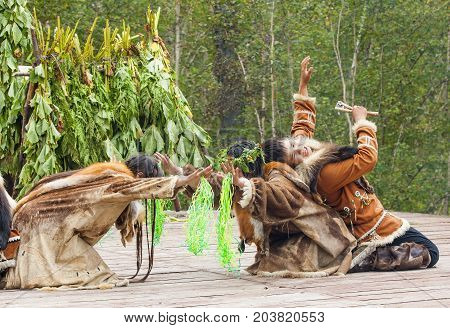 KAMCHATKA RUSSIA - SEPTEMBER 09 2017: Aborigine of Kamchatka dancing on dance marathon. Feast of the Aborigines of Kamchatka 