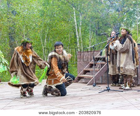 KAMCHATKA RUSSIA - SEPTEMBER 09 2017: Aborigine of Kamchatka dancing on dance marathon. Feast of the Aborigines of Kamchatka 