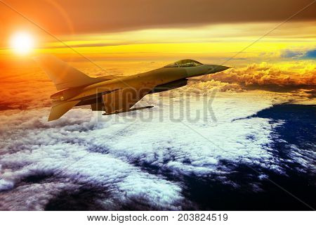 aerial veiw of militry plane flying over cloud scape