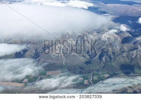 Aerial view of New Zealand mountains South Island. Photo is taken from airplane heading from Sydney to Christchurch.
