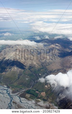 Aerial view of New Zealand mountains South Island. Photo is taken from airplane heading from Sydney to Christchurch.