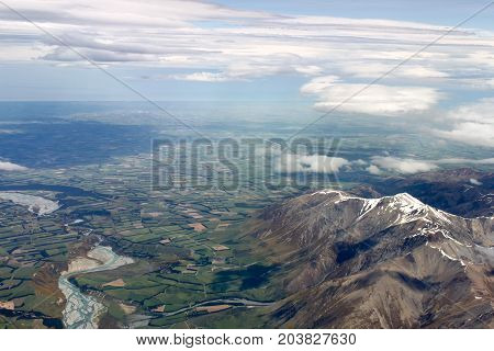 Aerial view of New Zealand mountains South Island. Photo is taken from airplane heading from Sydney to Christchurch.