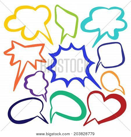 Set of color cloud speech bubble with place for text. Collection on white background. Vector sketch. Illustration isolated and grouped for easy editing eps.10