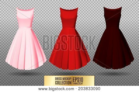 Women's dress mockup collection. Dress with medium pleated skirt. Realistic vector illustration. Festive dress without sleeves. Pink red and vinous variation.