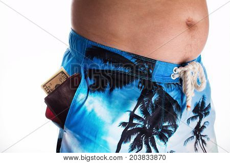 Careless person on holidays. Smart phone and wallet with cash visible in pocket of shorts