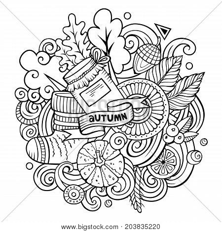 Cartoon vector doodles Autumn illustration. Line art detailed, with lots of objects background. All items are separate. Contour fall funny picture