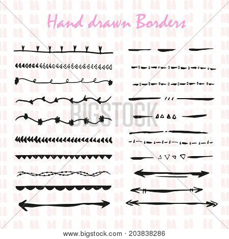 Collection of hand drawn ink borders for card invitation. Cute and unique swirls dividers for your stylish wedding or birthsday design. Isolated vector elements.